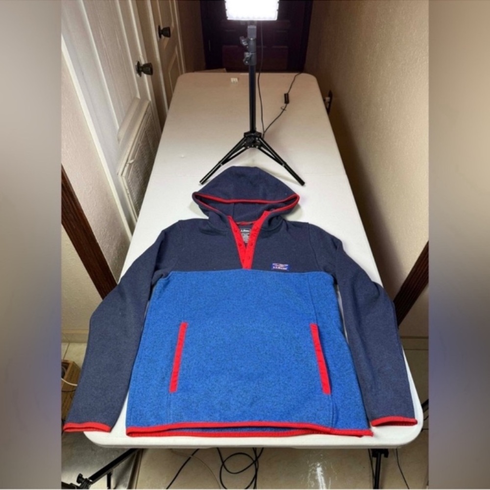Damage LL Bean Fleece Mens Sz S Blue Color Block Warm Office 1/4 zip Pullover
